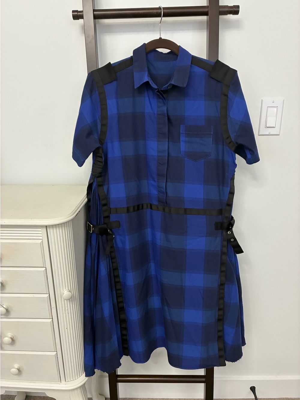 **Blue Black Plaid Utility Shirt Dress Buckle Strap Detail Edgy Grunge** XXL